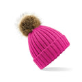 Fuchsia - Front - Beechfield Pom Pom Faux Fur Chunky Knit Beanie