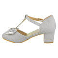 Silver - Back - Where's That From Girls Chava Bow Faux Leather Diamante Mid High Heel Sandals