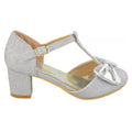 Silver - Side - Where's That From Girls Chava Bow Faux Leather Diamante Mid High Heel Sandals