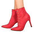 Red - Side - Where's That From Womens-Ladies Blythe Faux Suede Pointed Button Detail Mid Heel Ankle Boots